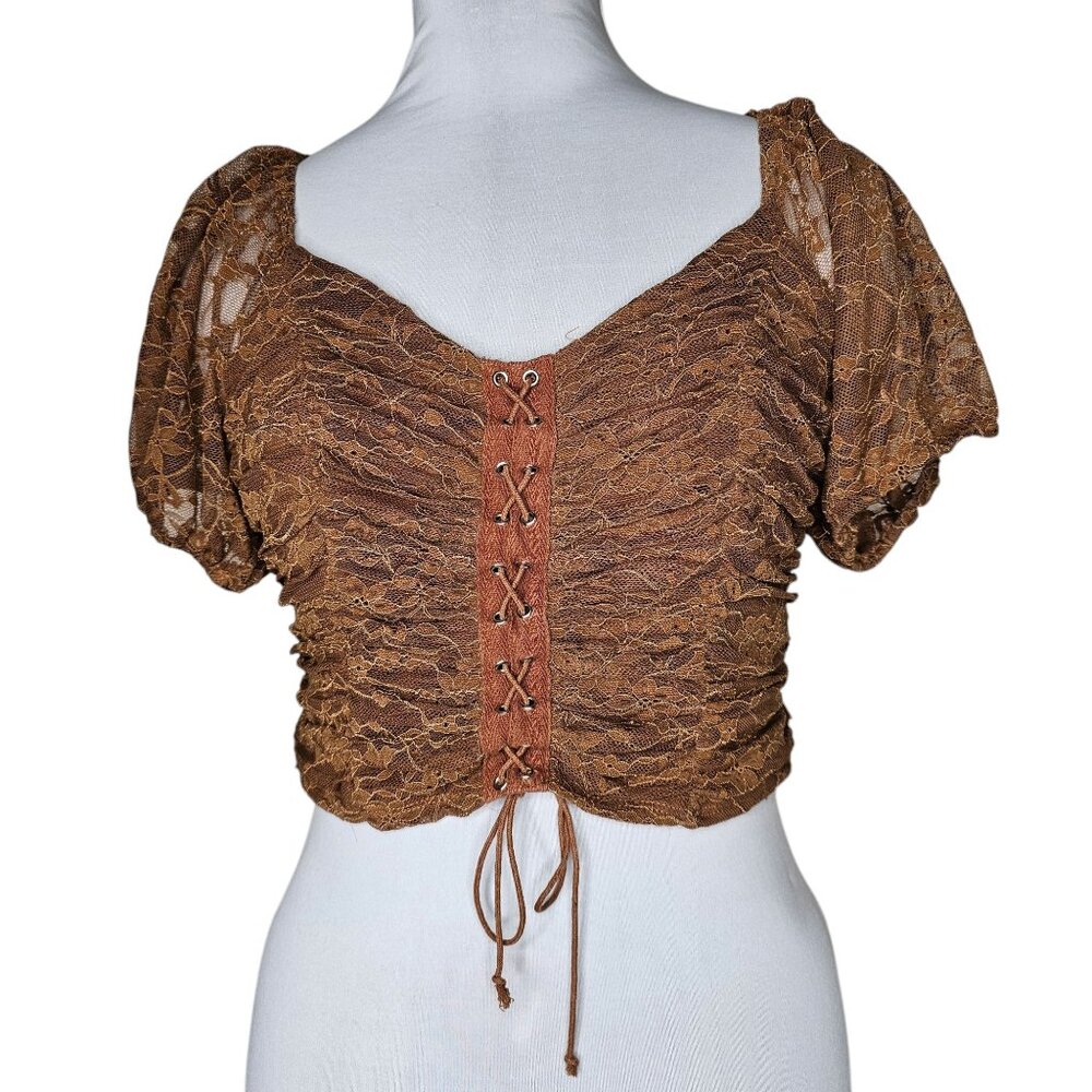 ⭐️Meraki L Brown Crop Top Lace Up Puff Sleeve Milkmaid Whimsigoth Forest Fairy